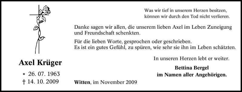  Traueranzeige für Axel Krüger vom 18.11.2009 aus Tageszeitung
