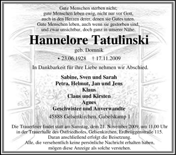 Traueranzeige von Hannelore Tatulinski von Tageszeitung