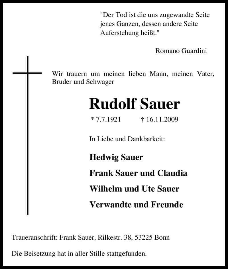  Traueranzeige für Rudolf Sauer vom 21.11.2009 aus Tageszeitung