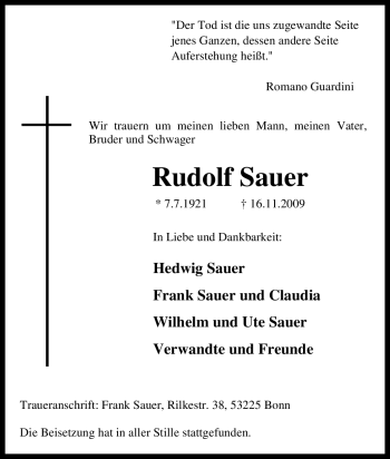 Traueranzeige von Rudolf Sauer von Tageszeitung