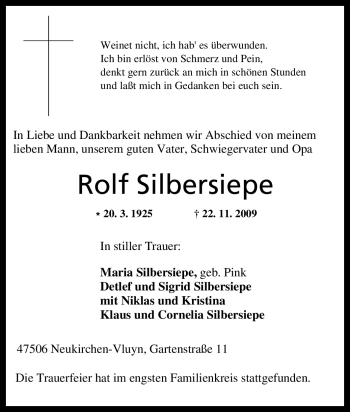 Traueranzeige von Rolf Silbersiepe von Tageszeitung