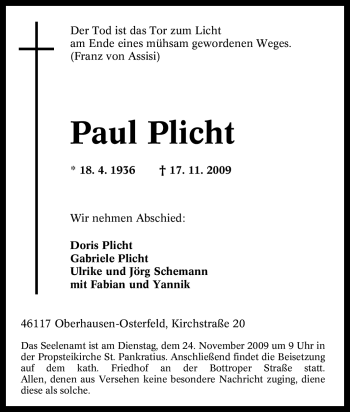 Traueranzeige von Paul Plicht von Tageszeitung