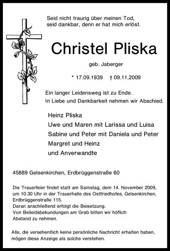 Traueranzeige von Christel Pliska von Tageszeitung