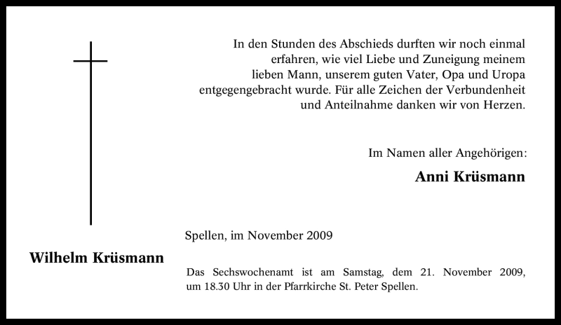  Traueranzeige für Wilhelm Krüsmann vom 14.11.2009 aus Tageszeitung