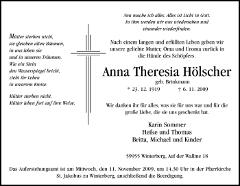 Traueranzeige von Anna Theresia Hölscher von Tageszeitung