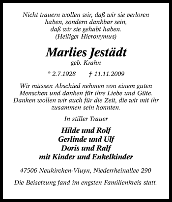 Traueranzeige von Marlies Jestädt von Tageszeitung