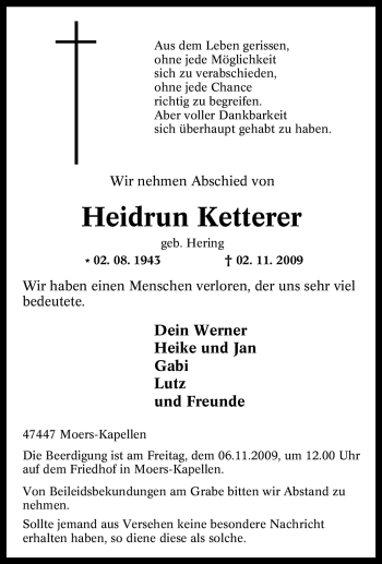 Traueranzeige von Heidrun Ketterer von Tageszeitung