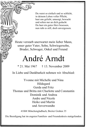 Traueranzeige von André Arndt von Tageszeitung