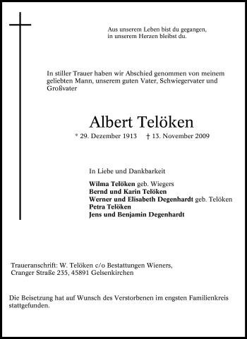 Traueranzeige von Albert Telöken von Tageszeitung