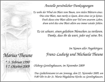 Traueranzeige von Marius Theune von Tageszeitung