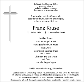 Traueranzeige von Franz Kruse von Tageszeitung