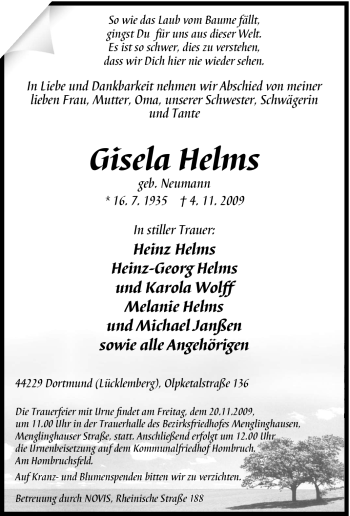 Traueranzeige von Gisela Helms von Tageszeitung