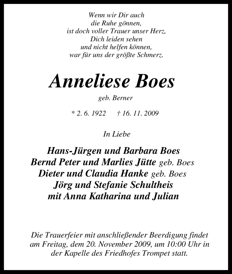 Traueranzeigen von Anneliese Boes Trauer in NRW.de