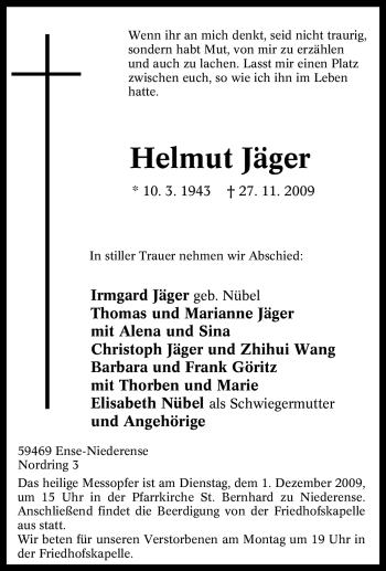 Traueranzeige von Helmut Jäger von Tageszeitung