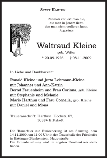 Traueranzeige von Waltraud Kleine von Tageszeitung