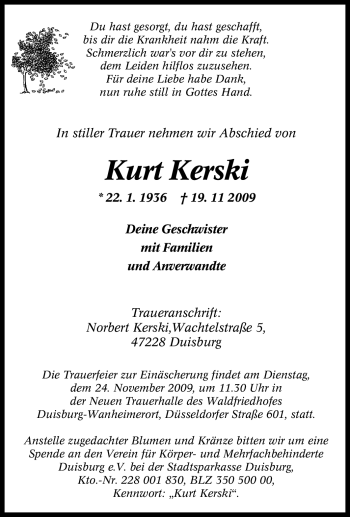 Traueranzeige von Kurt Kerski von Tageszeitung