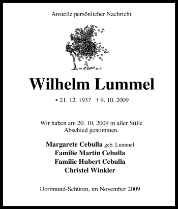 Traueranzeige von Wilhelm Lummel von Tageszeitung
