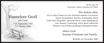 Traueranzeige von Hannelore Groll von Tageszeitung