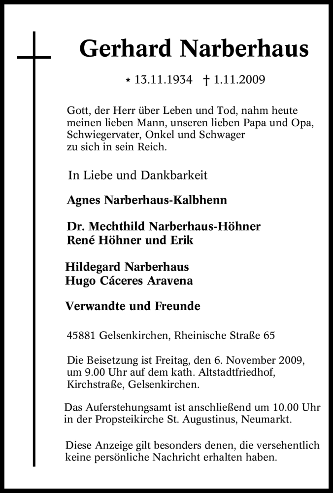  Traueranzeige für Gerhard Narberhaus vom 04.11.2009 aus Tageszeitung
