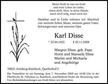 Traueranzeige von Karl Disse von Tageszeitung