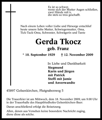 Traueranzeige von Gerda Tkocz von Tageszeitung