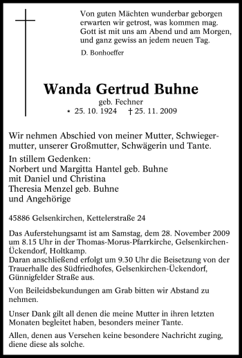 Traueranzeige von Wanda Gertrud Buhne von Tageszeitung