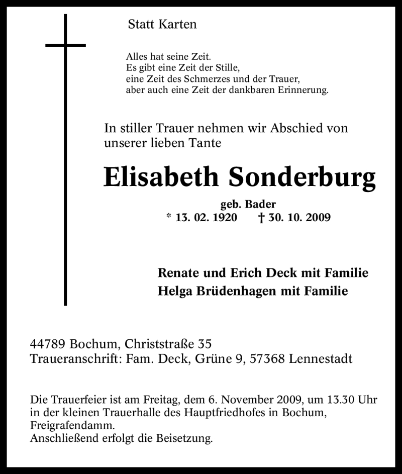  Traueranzeige für Elisabeth Sonderburg vom 03.11.2009 aus Tageszeitung