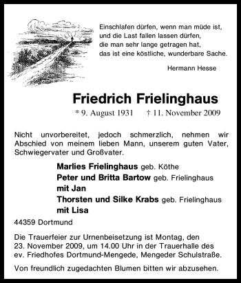 Traueranzeige von Friedrich Frielinghaus von Tageszeitung