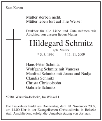 Traueranzeige von Hildegard Schmitz von Tageszeitung
