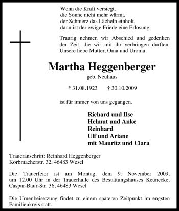 Traueranzeige von Martha Heggenberger von Tageszeitung