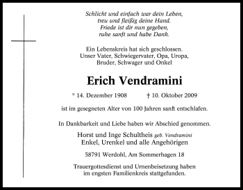 Traueranzeige von Erich Vendramini von Tageszeitung