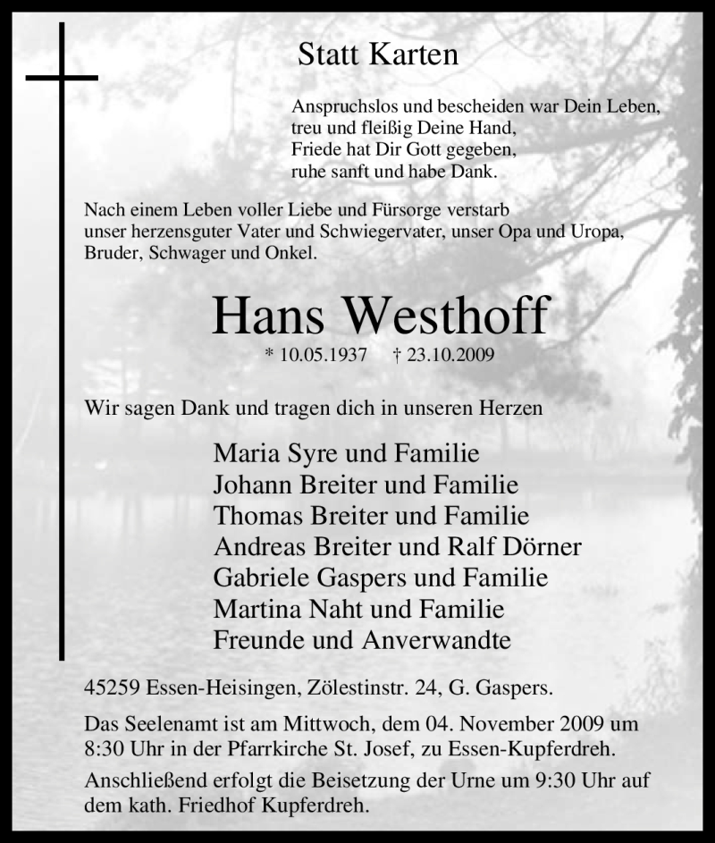  Traueranzeige für Hans Westhoff vom 04.11.2009 aus Tageszeitung