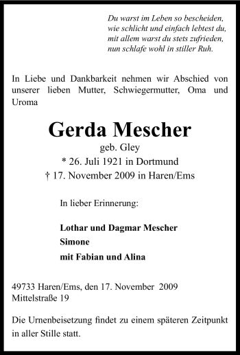 Traueranzeige von Gerda Mescher von Tageszeitung