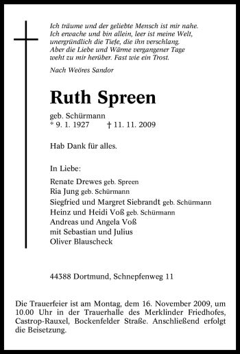 Traueranzeige von Ruth Spreen von Tageszeitung