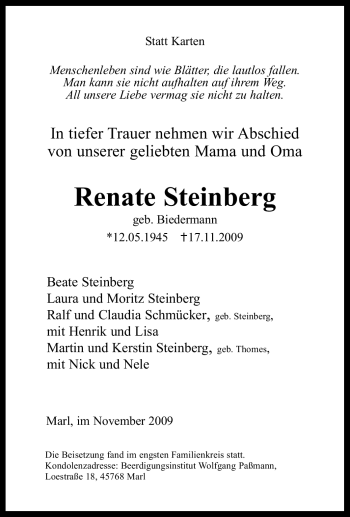 Traueranzeige von Renate Steinberg von Tageszeitung