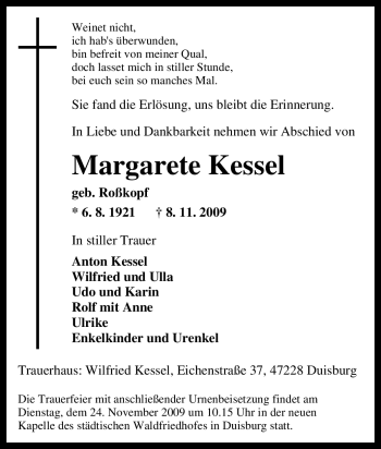 Traueranzeige von Margarete Kessel von Tageszeitung