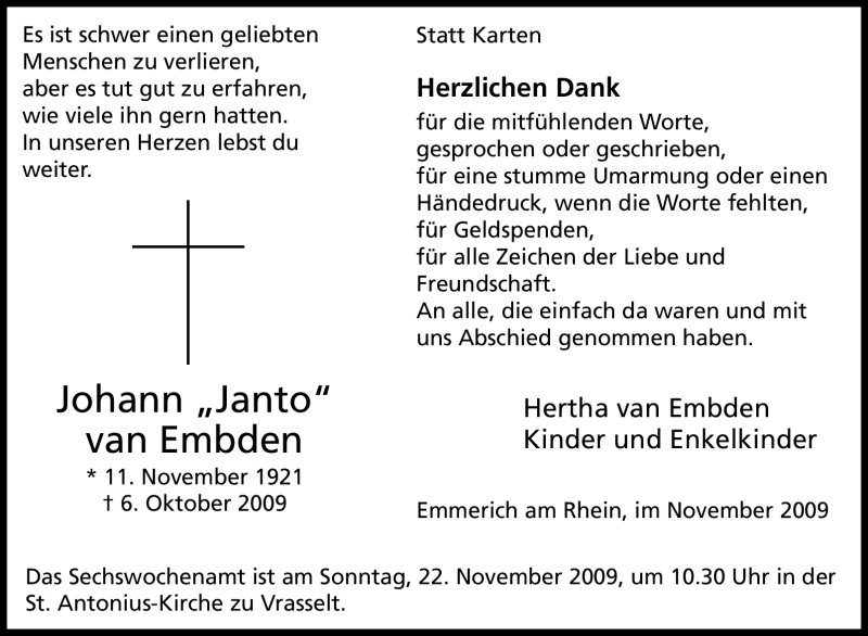  Traueranzeige für Johann van Embden vom 18.11.2009 aus Tageszeitung