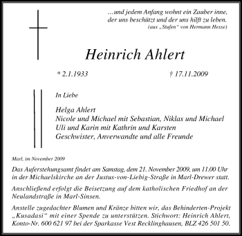 Traueranzeige von Heinrich Ahlert von Tageszeitung