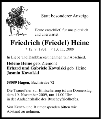 Traueranzeige von Friedrich Heine von Tageszeitung
