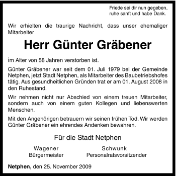 Traueranzeige von Günter Gräbener von Tageszeitung
