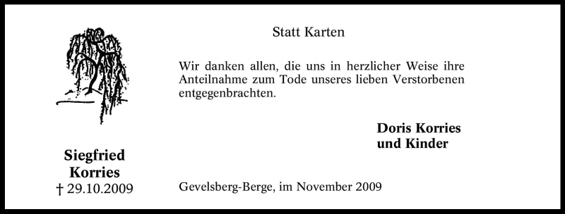  Traueranzeige für Siegfried Korries vom 21.11.2009 aus Tageszeitung