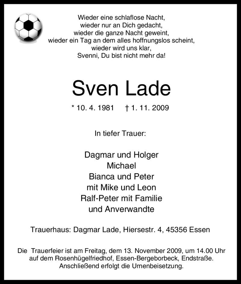  Traueranzeige für Sven Lade vom 11.11.2009 aus Tageszeitung
