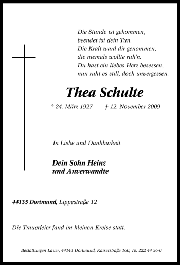 Traueranzeige von Thea Schulte von Tageszeitung