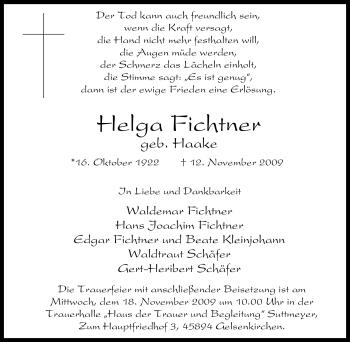 Traueranzeige von Helga Fichtner von Tageszeitung