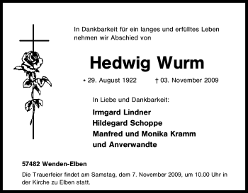 Traueranzeige von Hedwig Wurm von Tageszeitung