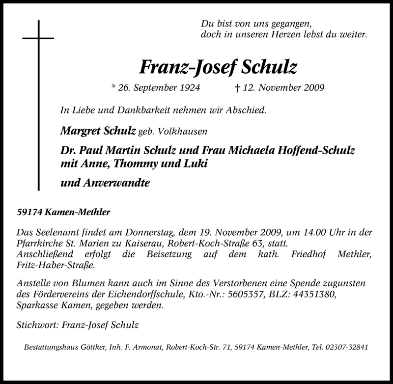 Traueranzeigen Von Franz Josef Schulz Trauer In Nrw De