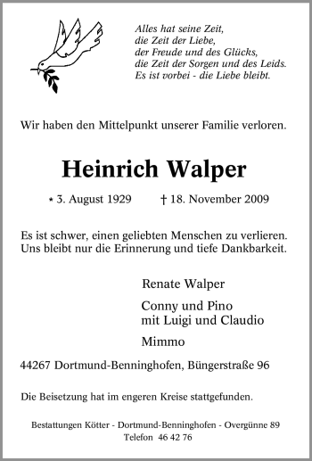 Traueranzeige von Heinrich Walper von Tageszeitung