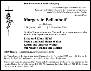Traueranzeige von Margarete Beilenhoff von Tageszeitung