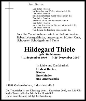 Traueranzeige von Hildegard Thiele von Tageszeitung
