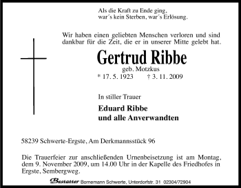 Traueranzeige von Gertrud Ribbe von Tageszeitung